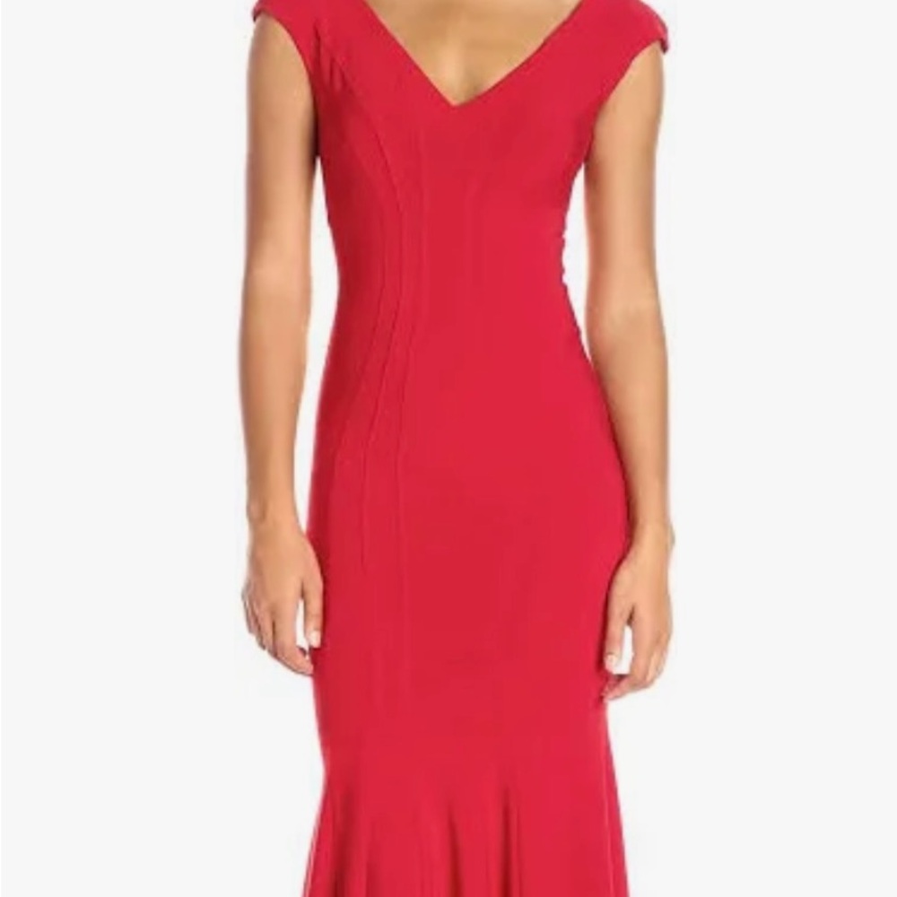 Betsey & Adam women’s red ponte jersey v-neck open back mermaid gown 6